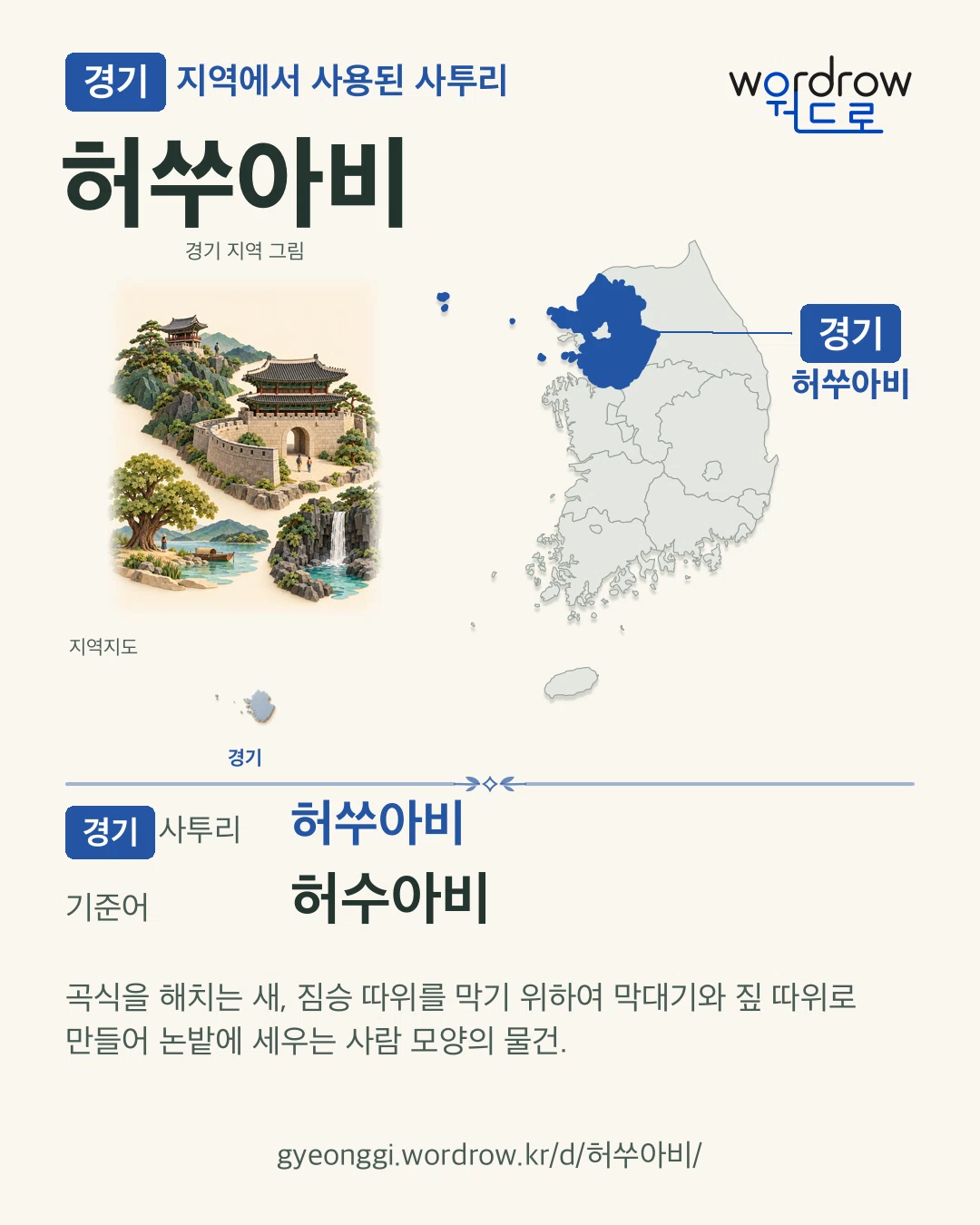 경기 지역에서 사용된 사투리 ‘허쑤아비’. 기준어: 허수아비. 기록 지역을 표시한 지역 그림과 지도 카드.