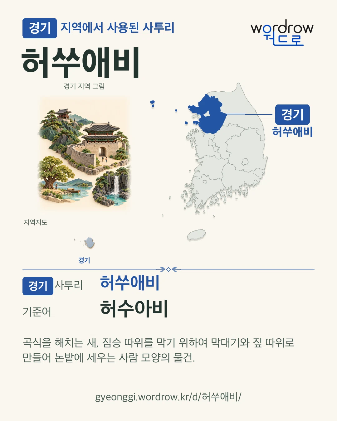 경기 지역에서 사용된 사투리 ‘허쑤애비’. 기준어: 허수아비. 기록 지역을 표시한 지역 그림과 지도 카드.