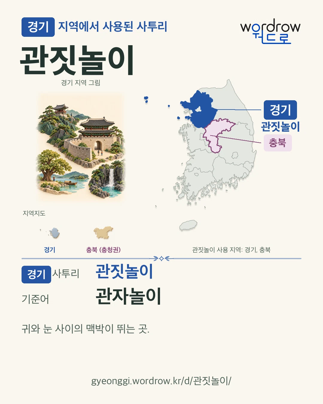 경기 지역에서 사용된 사투리 ‘관짓놀이’. 기준어: 관자놀이. 기록 지역을 표시한 지역 그림과 지도 카드.