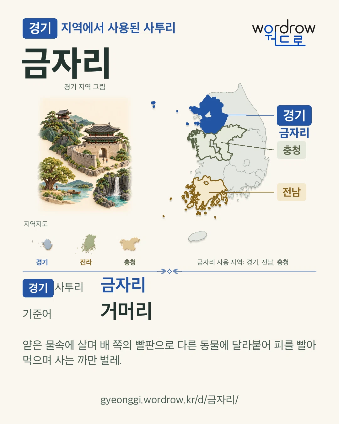 경기 지역에서 사용된 사투리 ‘금자리’. 기준어: 거머리. 기록 지역을 표시한 지역 그림과 지도 카드.