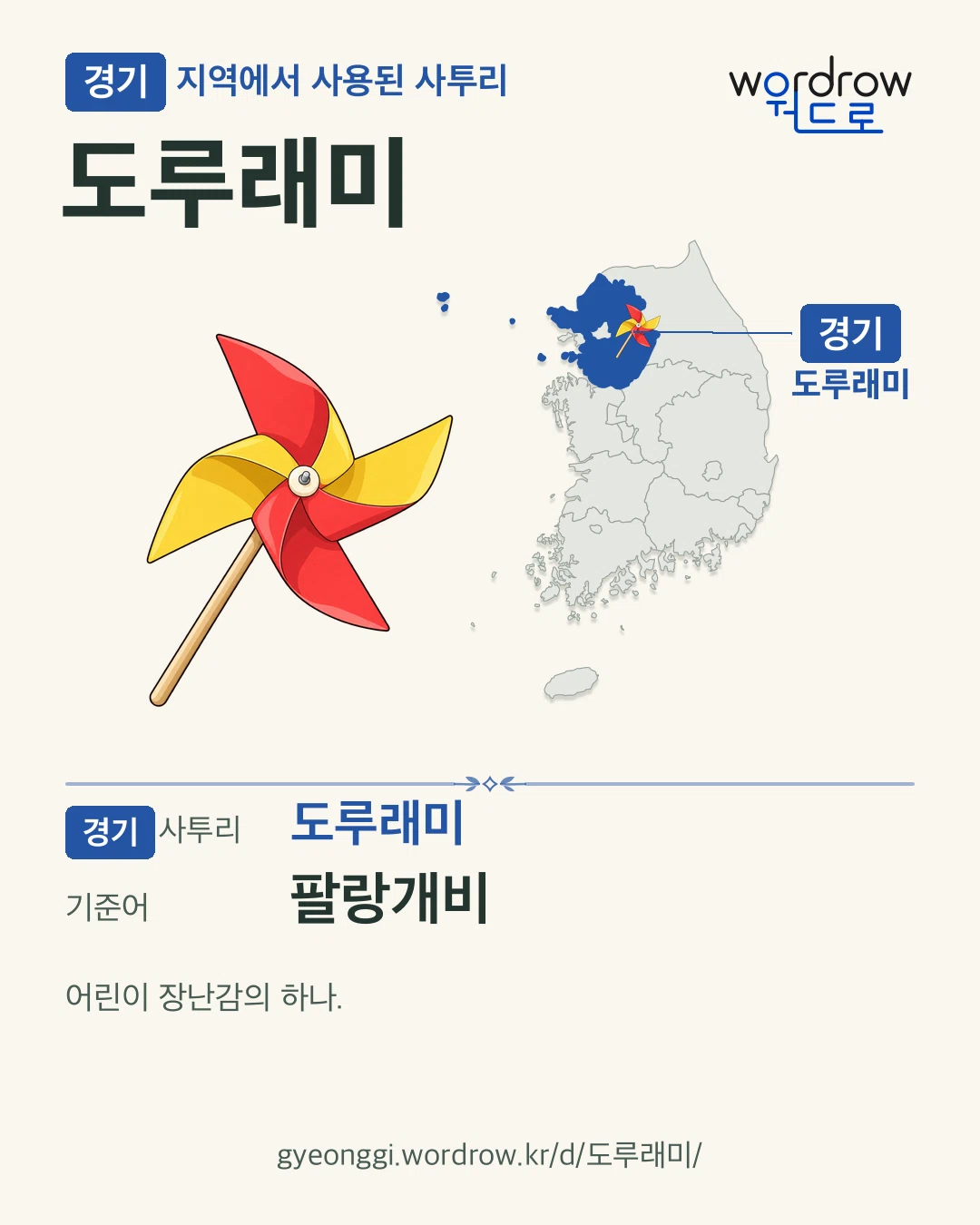 경기 지역에서 사용된 사투리 ‘도루래미’. 기준어: 팔랑개비. 기록 지역을 표시한 카툰 삽화와 지도 카드.