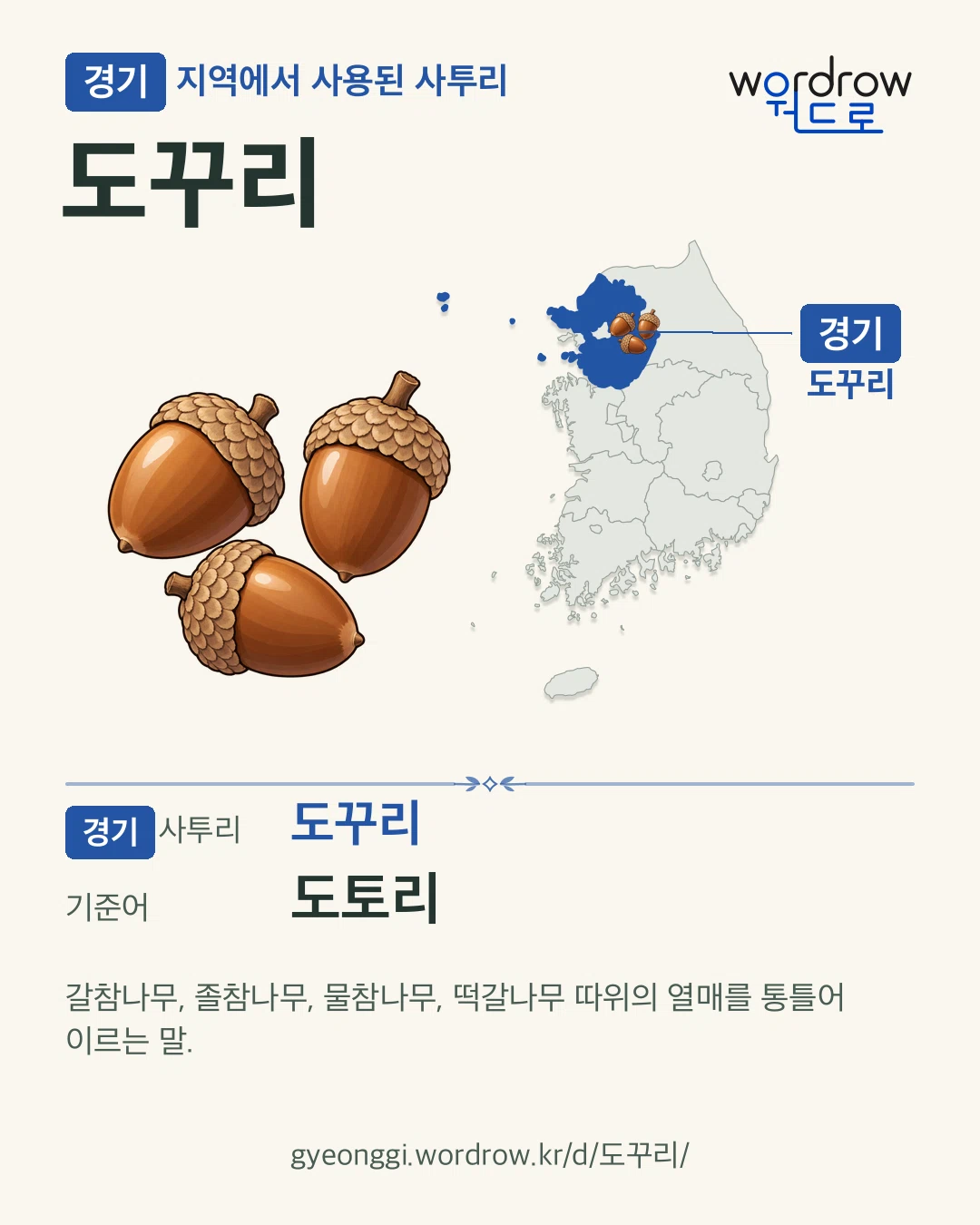 경기 지역에서 사용된 사투리 ‘도꾸리’. 기준어: 도토리. 기록 지역을 표시한 카툰 삽화와 지도 카드.