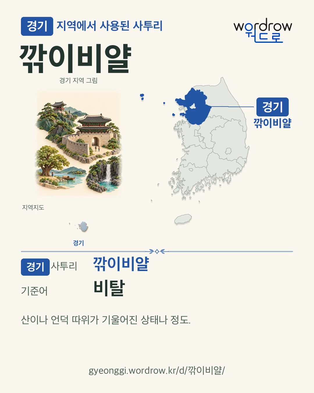 경기 지역에서 사용된 사투리 ‘깎이비얄’. 기준어: 비탈. 기록 지역을 표시한 지역 그림과 지도 카드.