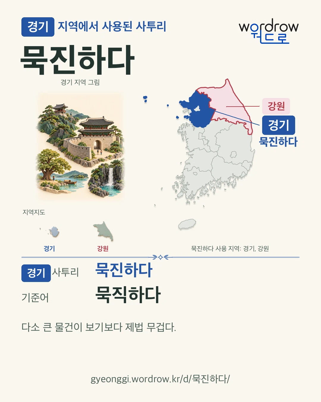 경기 지역에서 사용된 사투리 ‘묵진하다’. 기준어: 묵직하다. 기록 지역을 표시한 지역 그림과 지도 카드.