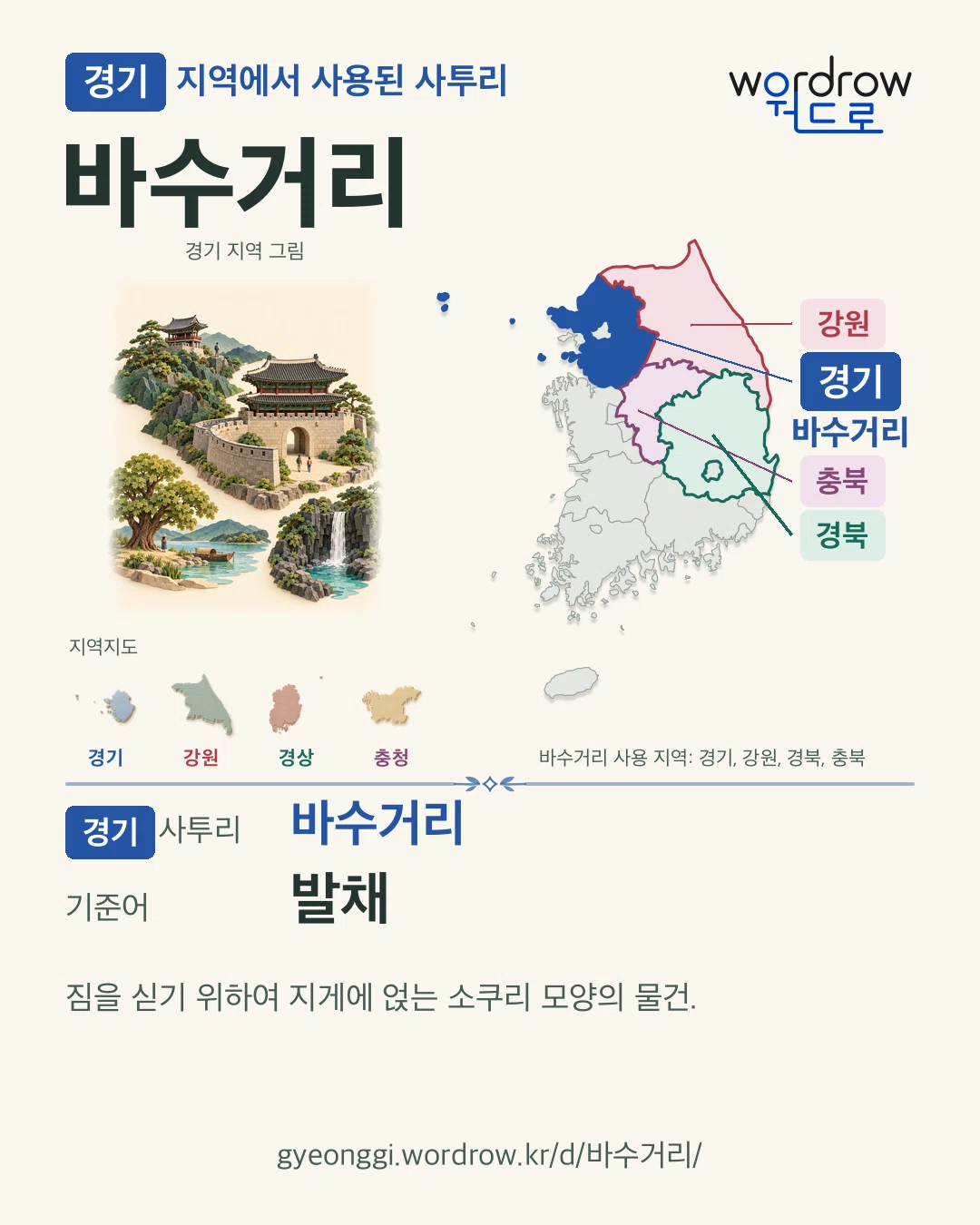 경기 지역에서 사용된 사투리 ‘바수거리’. 기준어: 발채. 기록 지역을 표시한 지역 그림과 지도 카드.