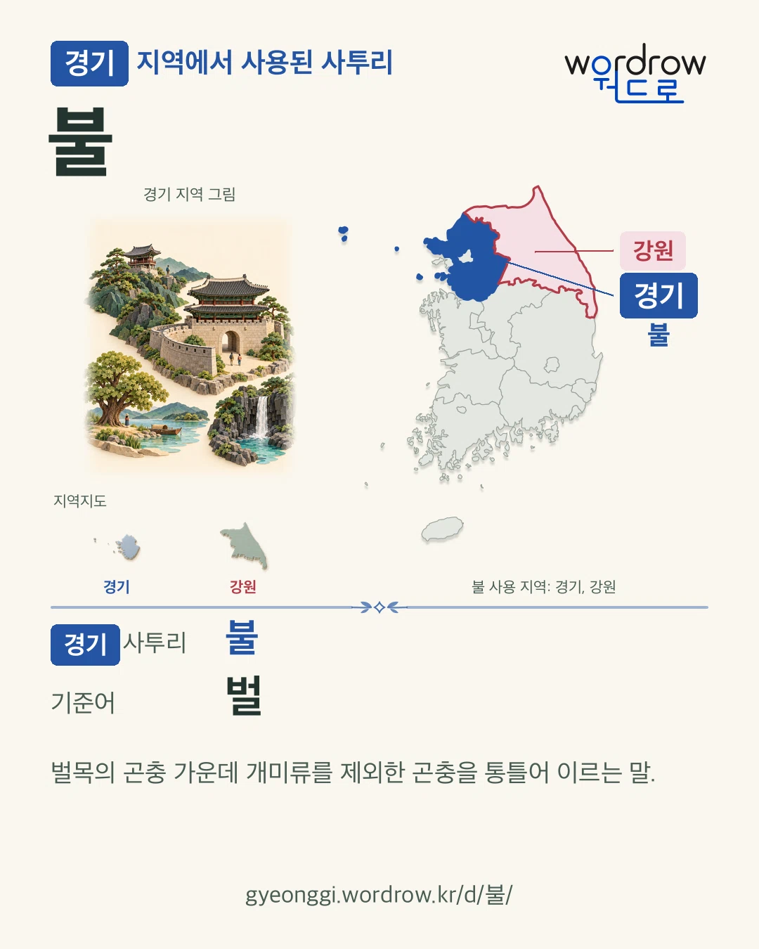 경기 지역에서 사용된 사투리 ‘불’. 기준어: 벌. 기록 지역을 표시한 지역 그림과 지도 카드.