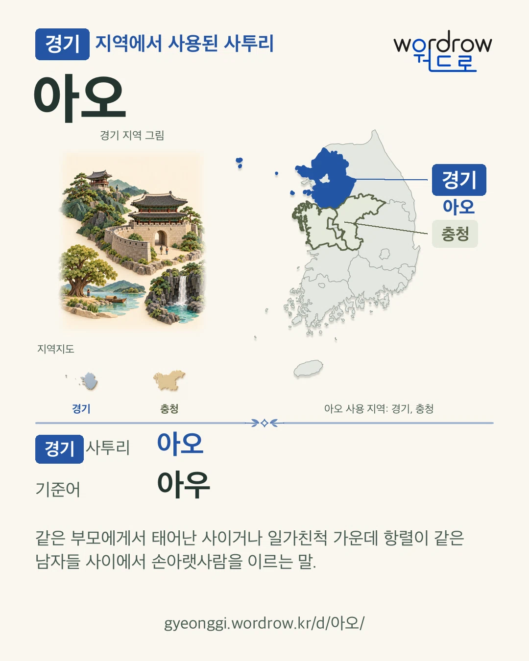 경기 지역에서 사용된 사투리 ‘아오’. 기준어: 아우. 기록 지역을 표시한 지역 그림과 지도 카드.