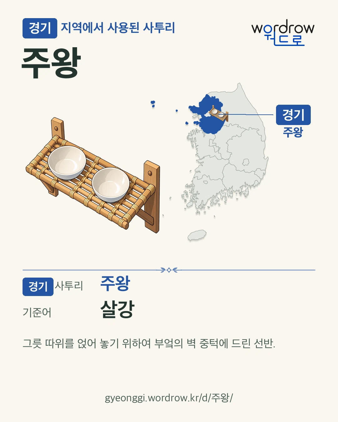 경기 지역에서 사용된 사투리 ‘주왕’. 기준어: 살강. 기록 지역을 표시한 카툰 삽화와 지도 카드.