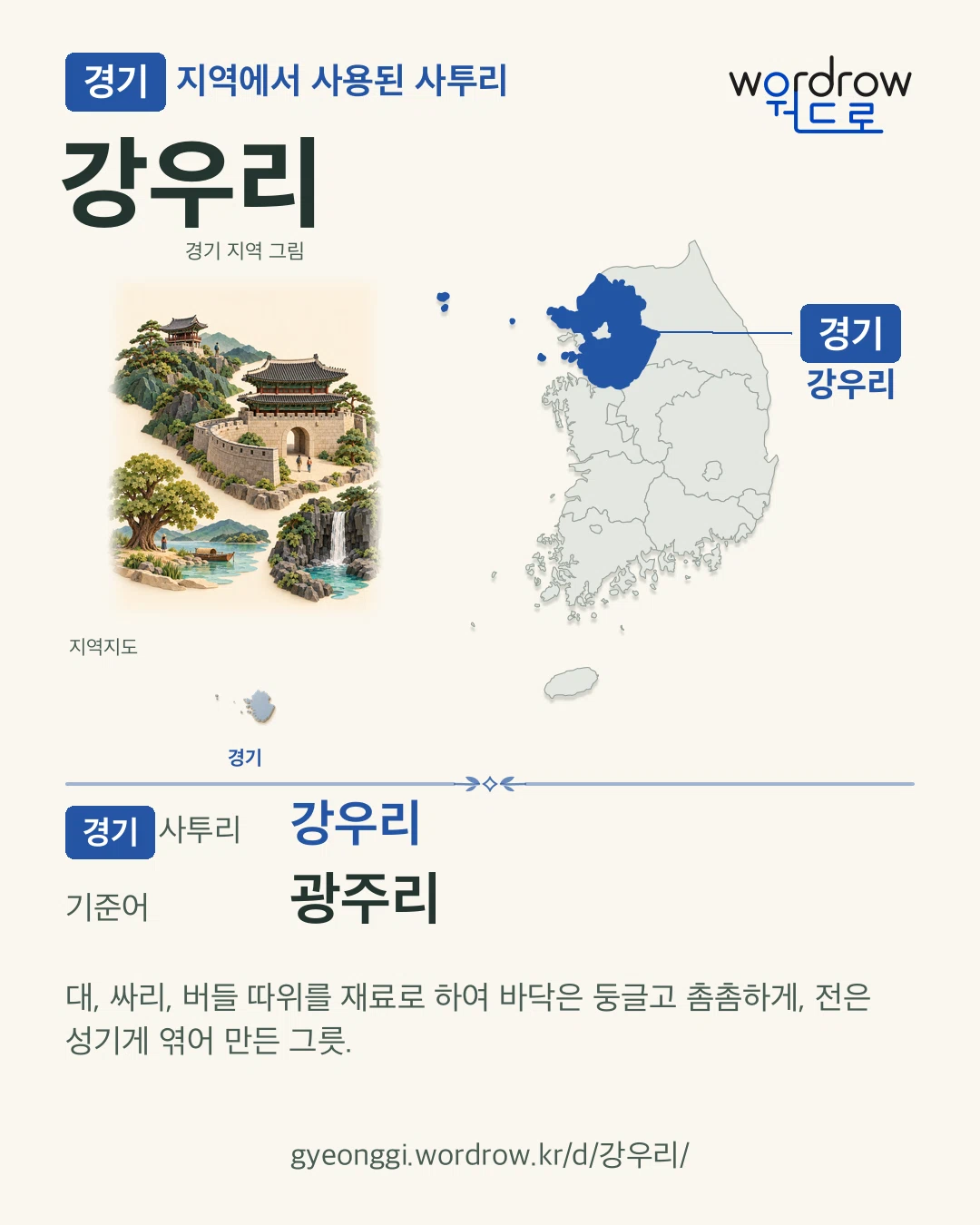 경기 지역에서 사용된 사투리 ‘강우리’. 기준어: 광주리. 기록 지역을 표시한 지역 그림과 지도 카드.