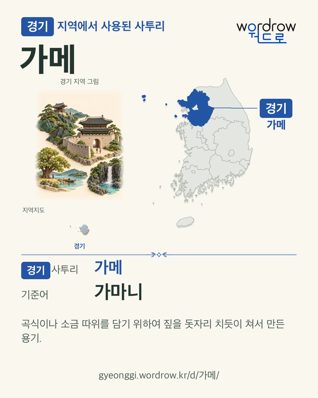 경기 지역에서 사용된 사투리 ‘가메’. 기준어: 가마니. 기록 지역을 표시한 지역 그림과 지도 카드.