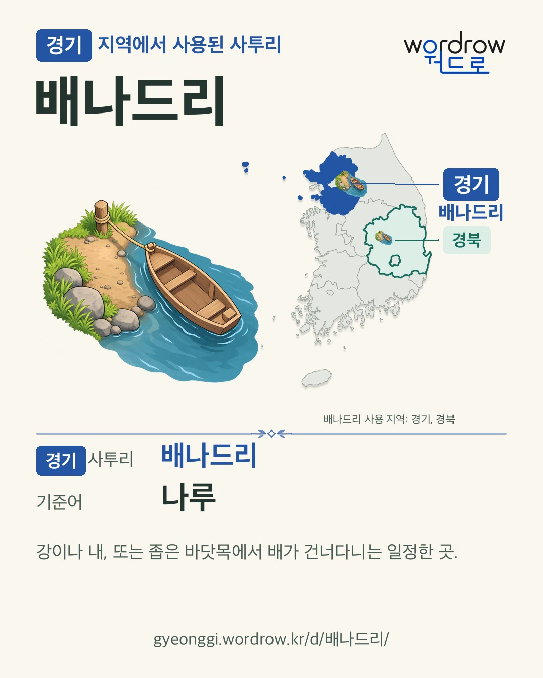 경기 지역에서 사용된 사투리 ‘배나드리’. 기준어: 나루. 기록 지역을 표시한 카툰 삽화와 지도 카드.