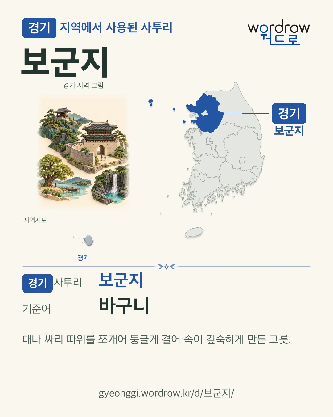 경기 지역에서 사용된 사투리 ‘보군지’. 기준어: 바구니. 기록 지역을 표시한 지역 그림과 지도 카드.