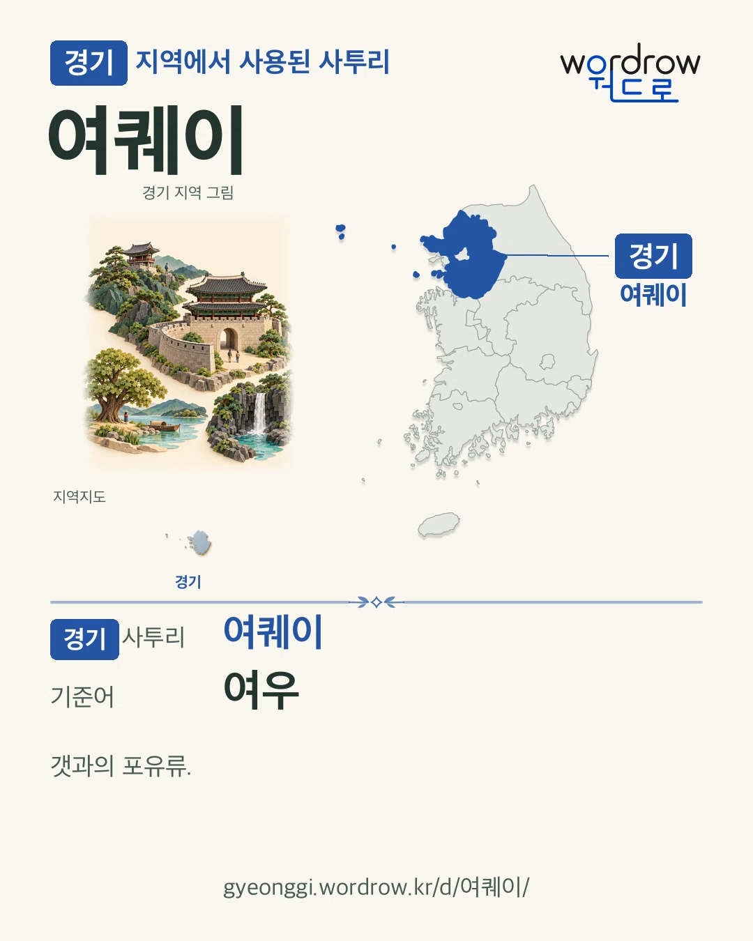 경기 지역에서 사용된 사투리 ‘여퀘이’. 기준어: 여우. 기록 지역을 표시한 지역 그림과 지도 카드.