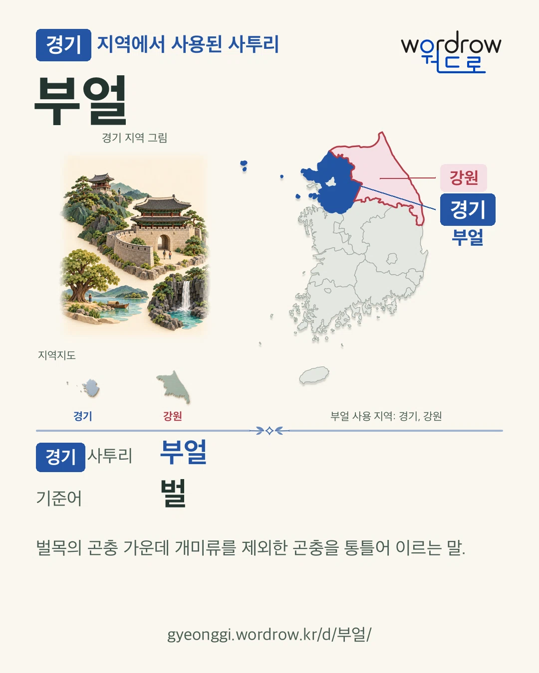 경기 지역에서 사용된 사투리 ‘부얼’. 기준어: 벌. 기록 지역을 표시한 지역 그림과 지도 카드.