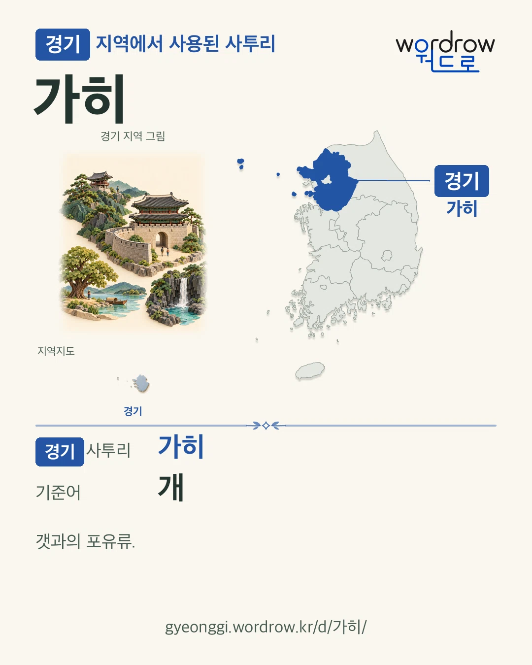경기 지역에서 사용된 사투리 ‘가히’. 기준어: 개. 기록 지역을 표시한 지역 그림과 지도 카드.