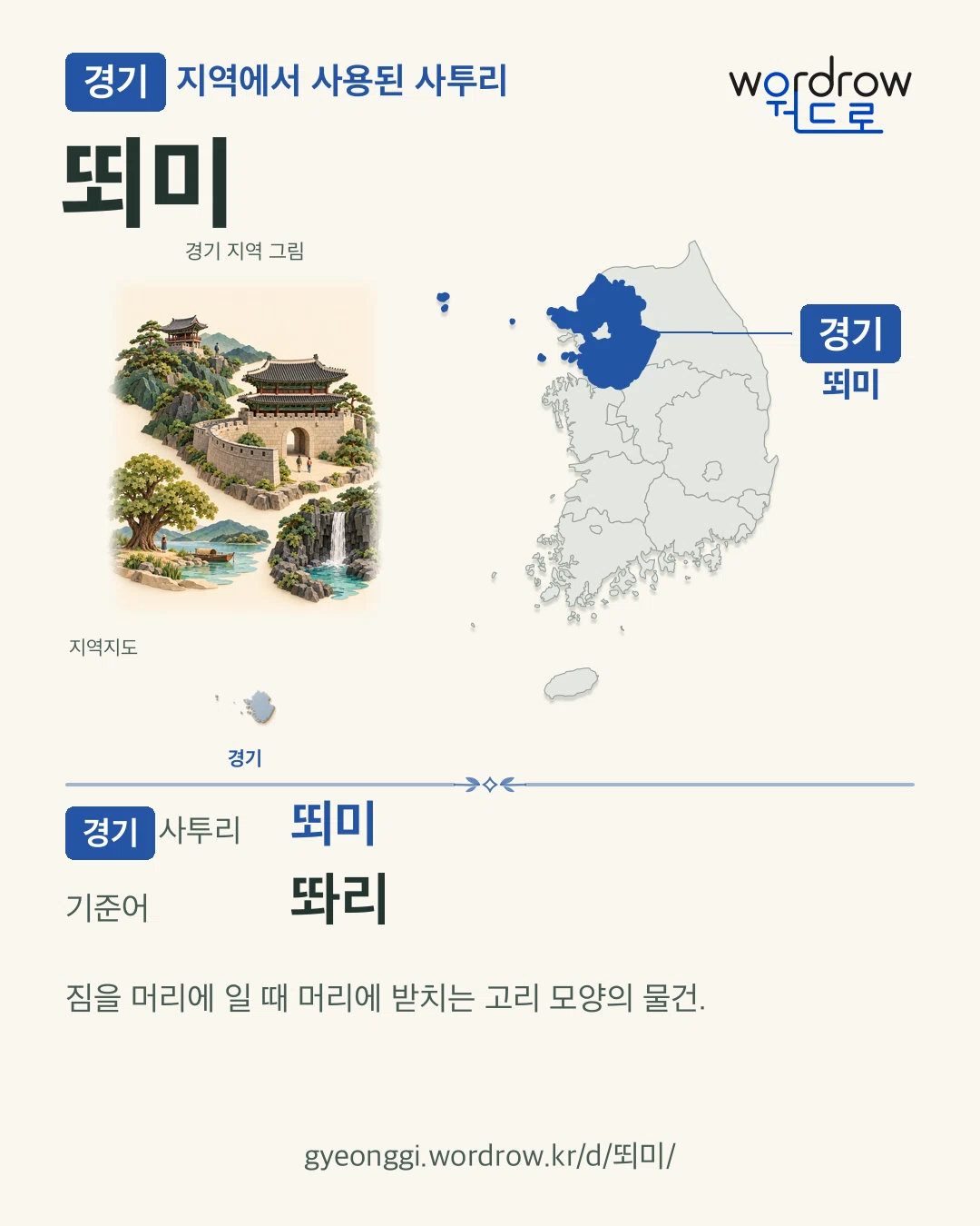 경기 지역에서 사용된 사투리 ‘뙤미’. 기준어: 똬리. 기록 지역을 표시한 지역 그림과 지도 카드.
