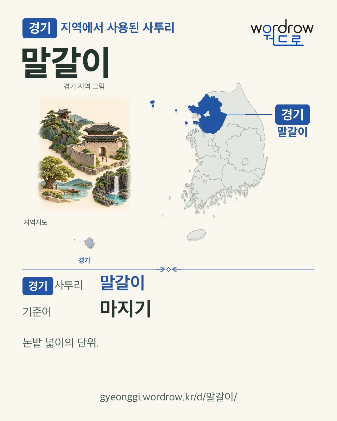 경기 지역에서 사용된 사투리 ‘말갈이’. 기준어: 마지기. 기록 지역을 표시한 지역 그림과 지도 카드.