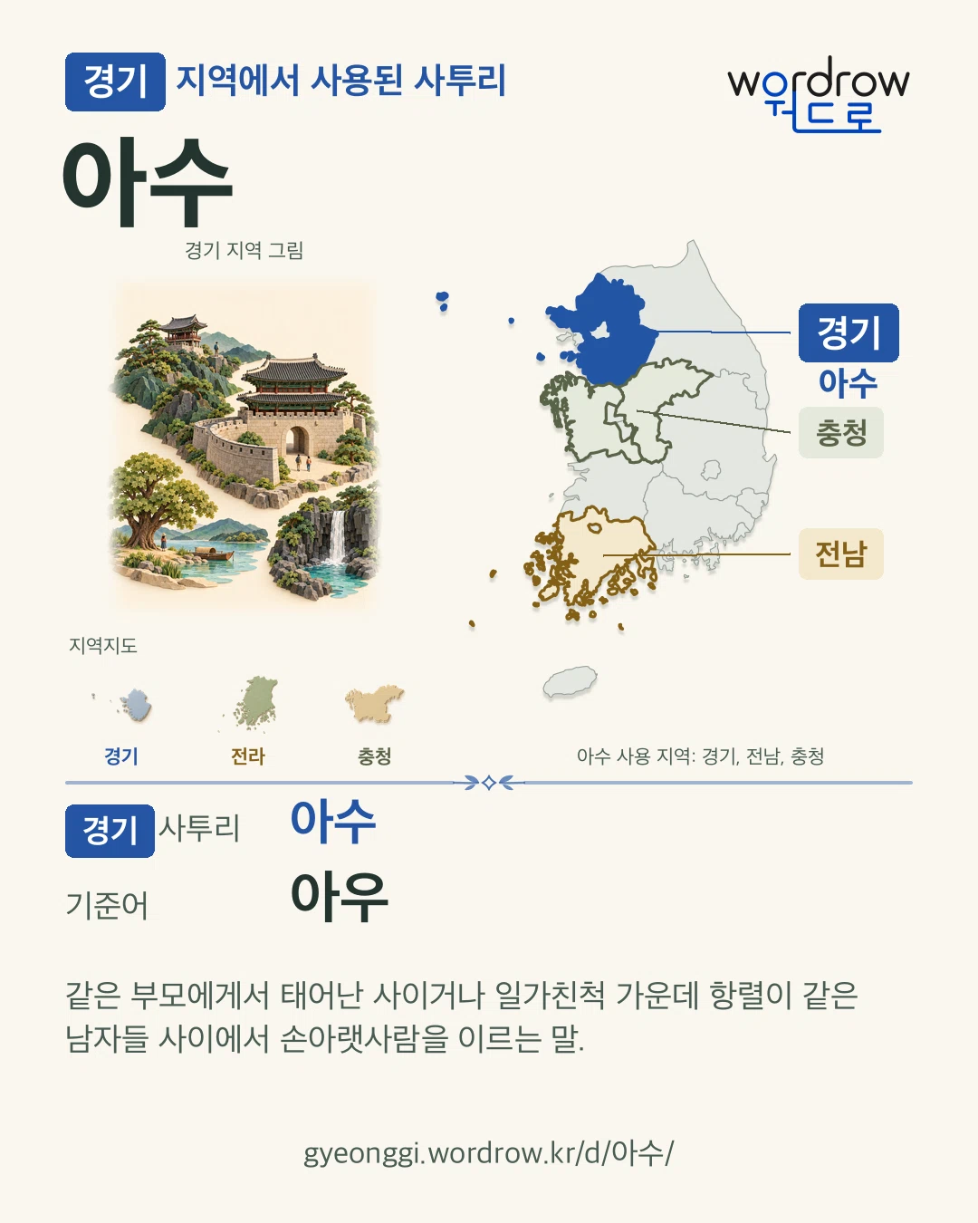 경기 지역에서 사용된 사투리 ‘아수’. 기준어: 아우. 기록 지역을 표시한 지역 그림과 지도 카드.