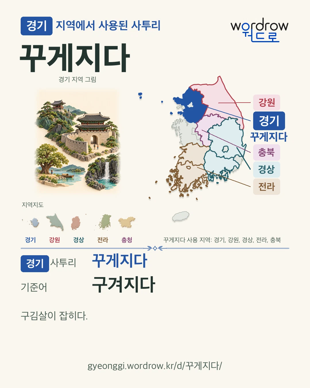 경기 지역에서 사용된 사투리 ‘꾸게지다’. 기준어: 구겨지다. 기록 지역을 표시한 지역 그림과 지도 카드.