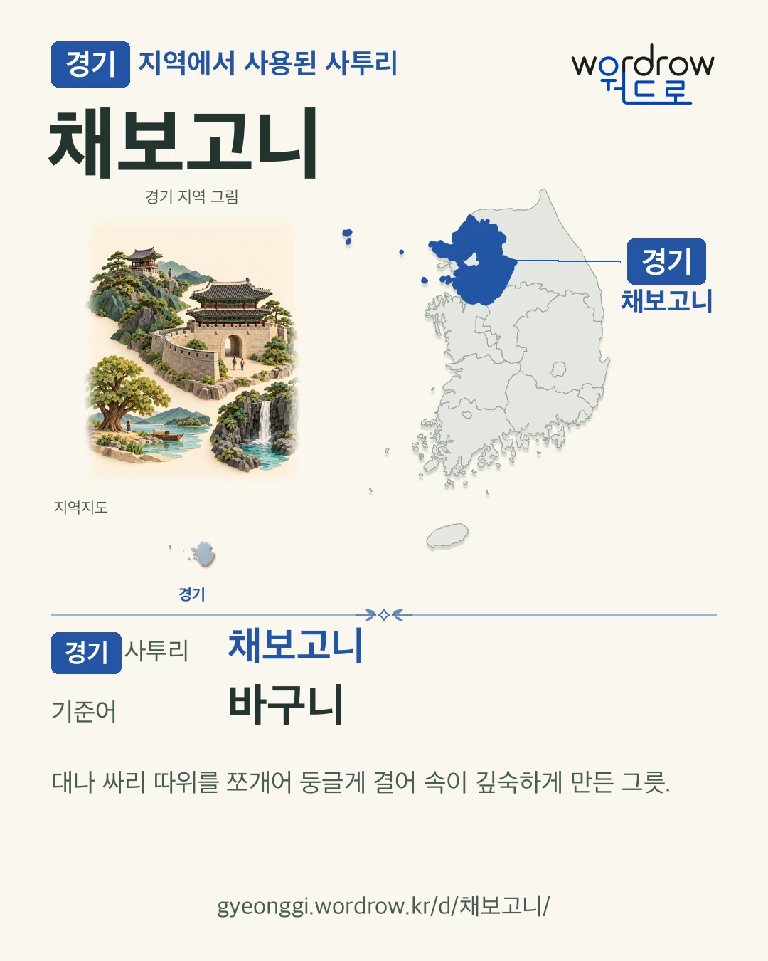 경기 지역에서 사용된 사투리 ‘채보고니’. 기준어: 바구니. 기록 지역을 표시한 지역 그림과 지도 카드.