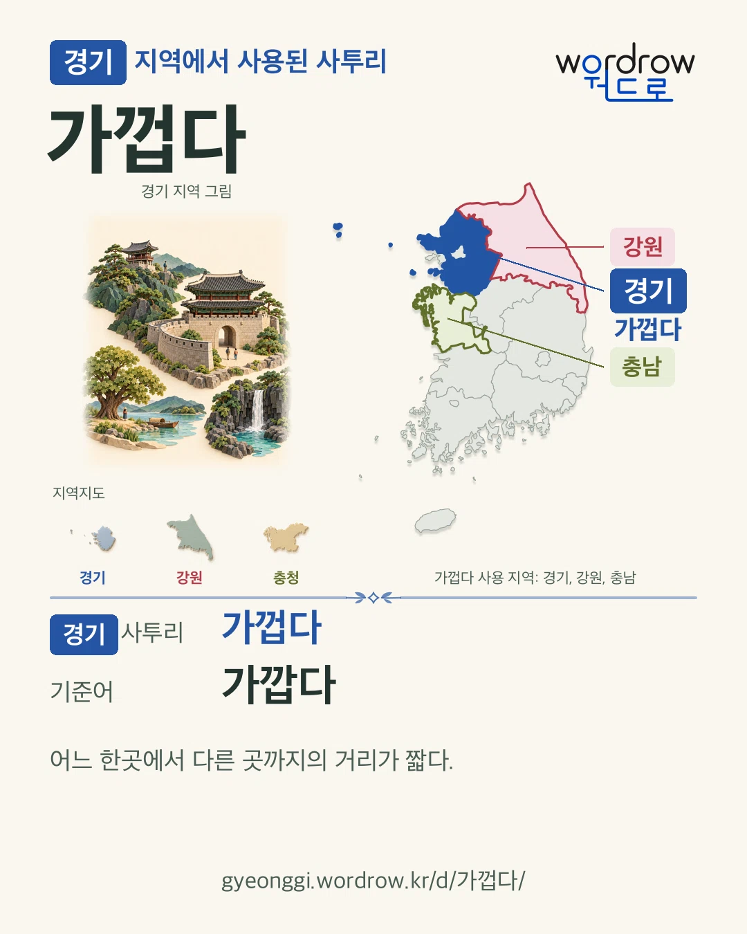 경기 지역에서 사용된 사투리 ‘가껍다’. 기준어: 가깝다. 기록 지역을 표시한 지역 그림과 지도 카드.