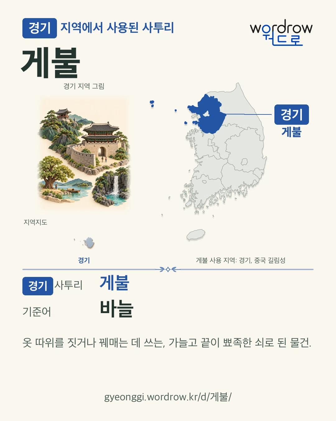 경기 지역에서 사용된 사투리 ‘게불’. 기준어: 바늘. 기록 지역을 표시한 지역 그림과 지도 카드.