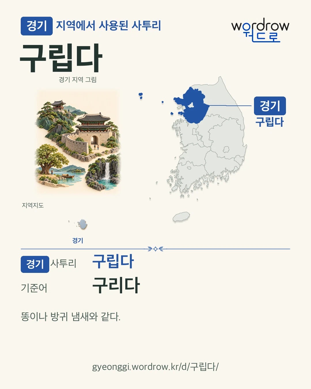 경기 지역에서 사용된 사투리 ‘구립다’. 기준어: 구리다. 기록 지역을 표시한 지역 그림과 지도 카드.