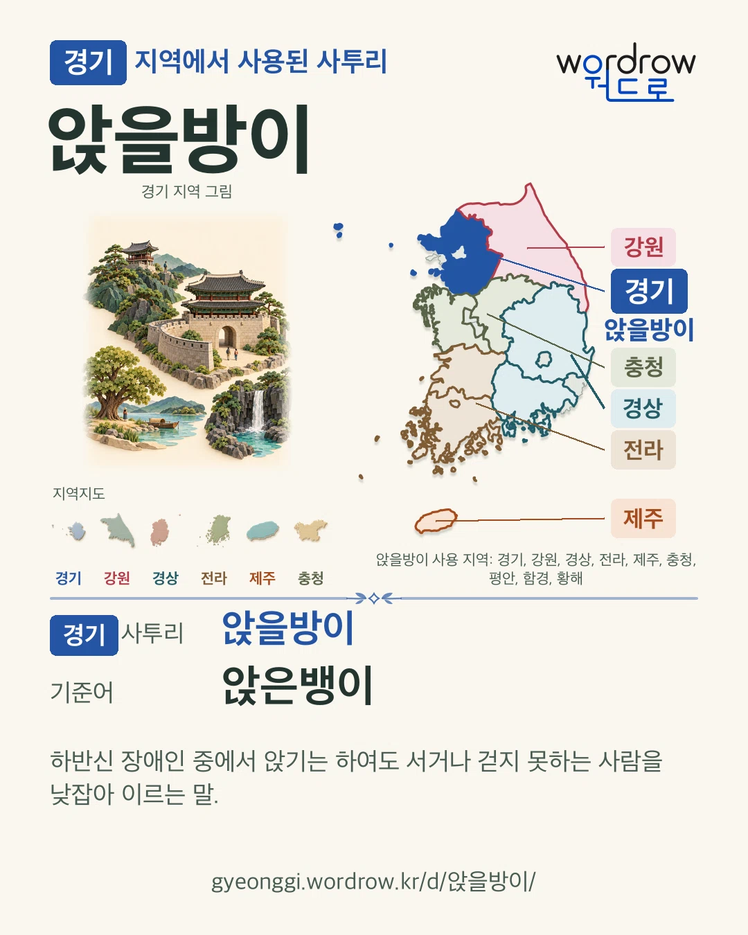 경기 지역에서 사용된 사투리 ‘앉을방이’. 기준어: 앉은뱅이. 기록 지역을 표시한 지역 그림과 지도 카드.