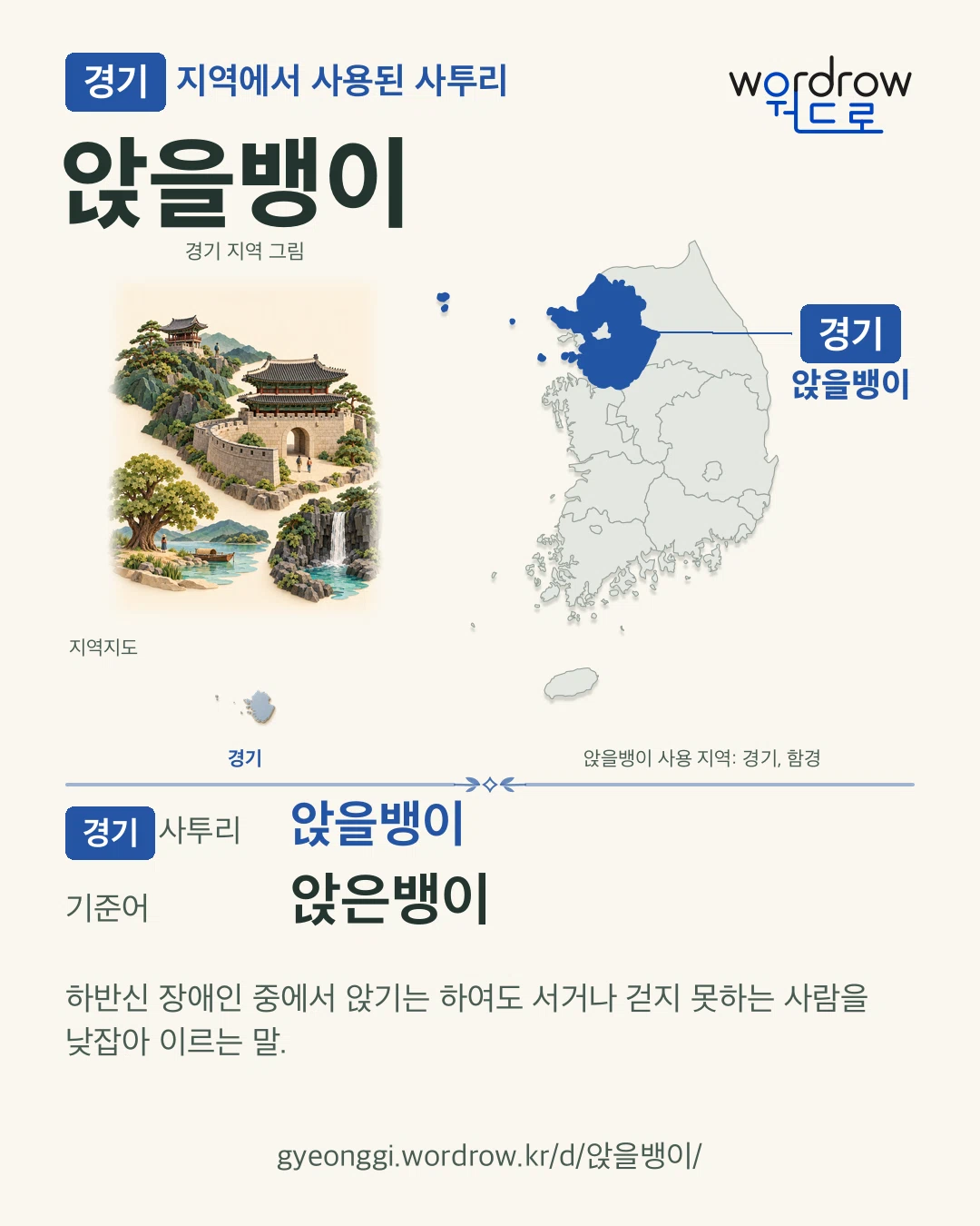 경기 지역에서 사용된 사투리 ‘앉을뱅이’. 기준어: 앉은뱅이. 기록 지역을 표시한 지역 그림과 지도 카드.