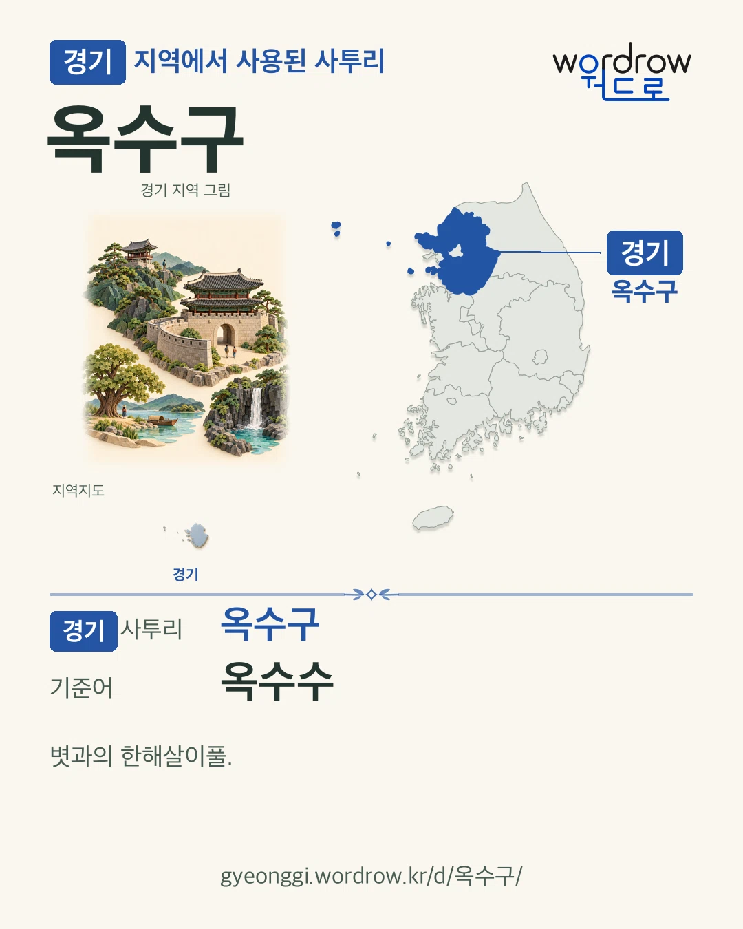 경기 지역에서 사용된 사투리 ‘옥수구’. 기준어: 옥수수. 기록 지역을 표시한 지역 그림과 지도 카드.