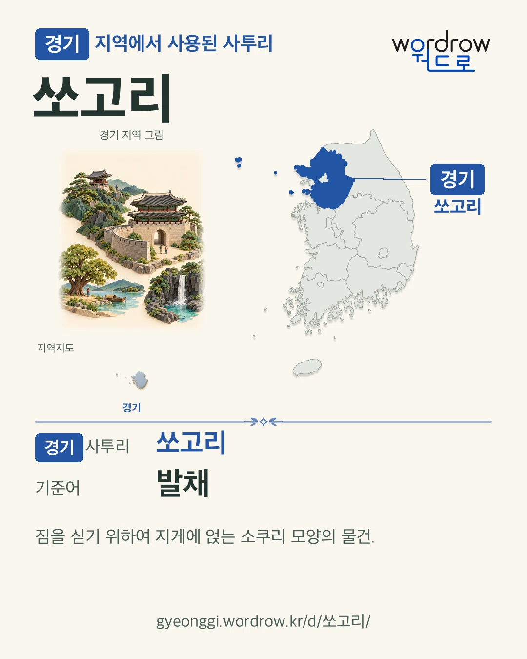 경기 지역에서 사용된 사투리 ‘쏘고리’. 기준어: 발채. 기록 지역을 표시한 지역 그림과 지도 카드.