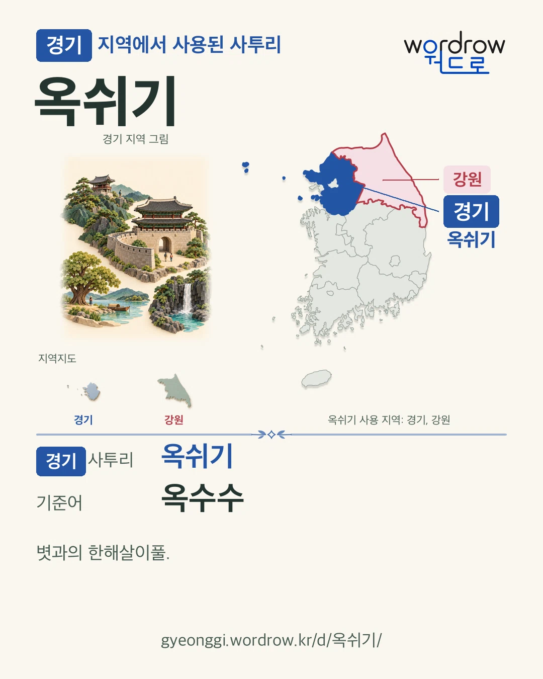 경기 지역에서 사용된 사투리 ‘옥쉬기’. 기준어: 옥수수. 기록 지역을 표시한 지역 그림과 지도 카드.