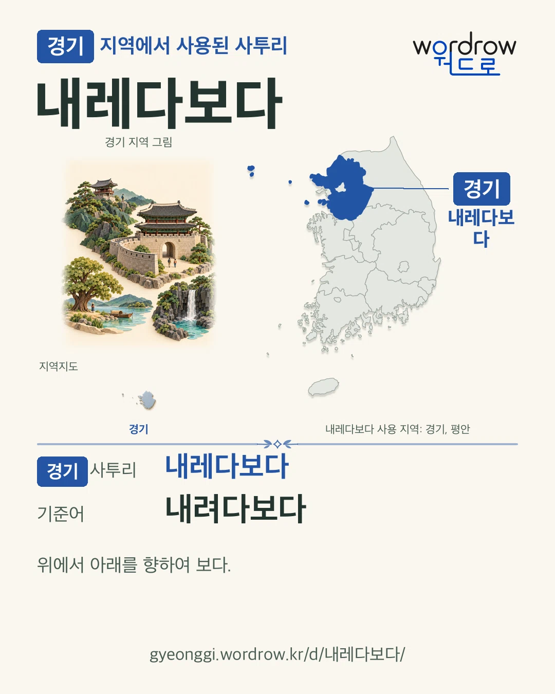 경기 지역에서 사용된 사투리 ‘내레다보다’. 기준어: 내려다보다. 기록 지역을 표시한 지역 그림과 지도 카드.