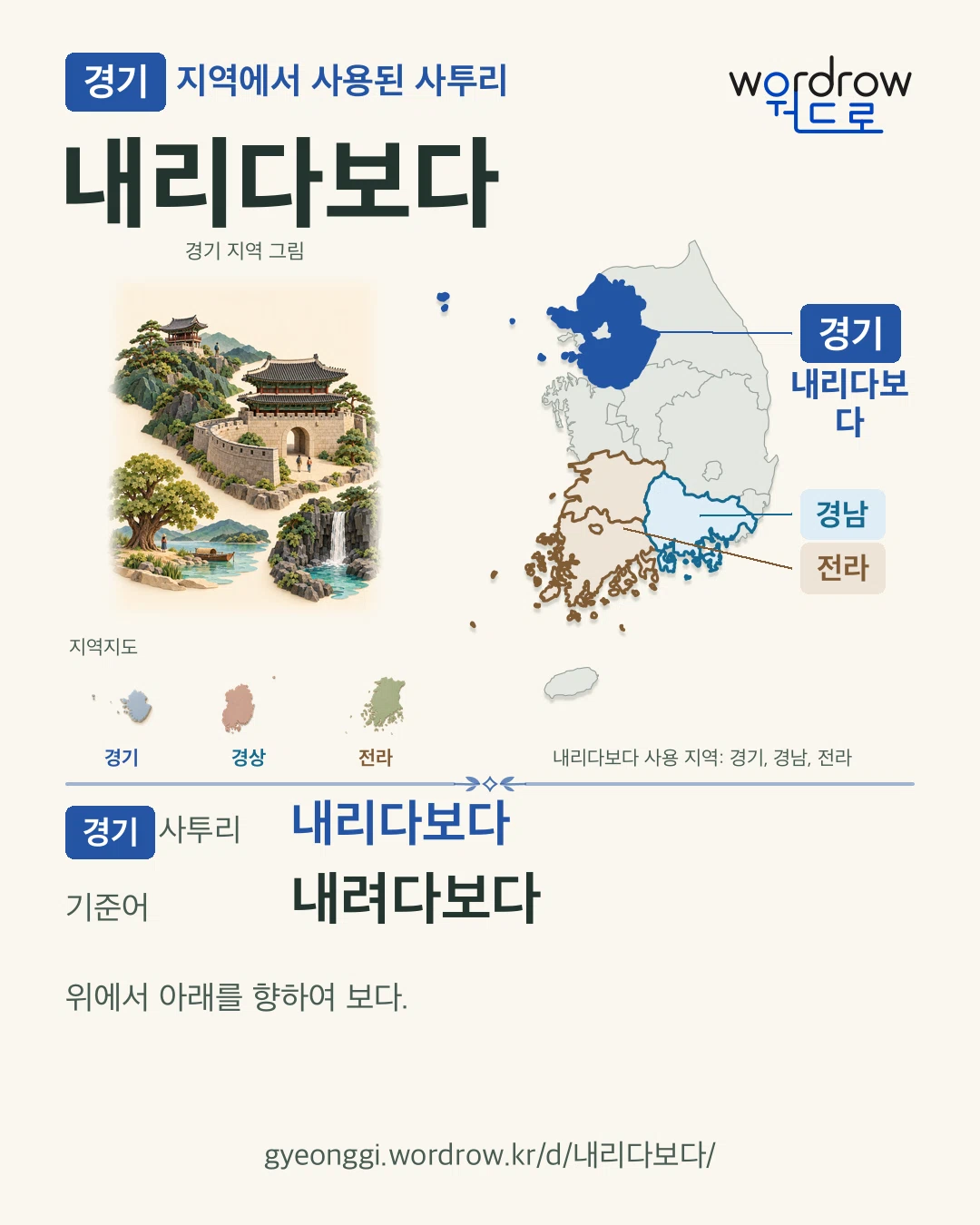 경기 지역에서 사용된 사투리 ‘내리다보다’. 기준어: 내려다보다. 기록 지역을 표시한 지역 그림과 지도 카드.