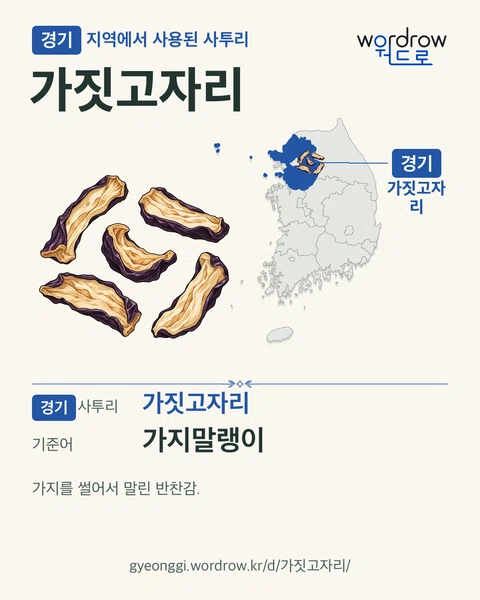 경기 지역에서 사용된 사투리 ‘가짓고자리’. 기준어: 가지말랭이. 기록 지역을 표시한 카툰 삽화와 지도 카드.