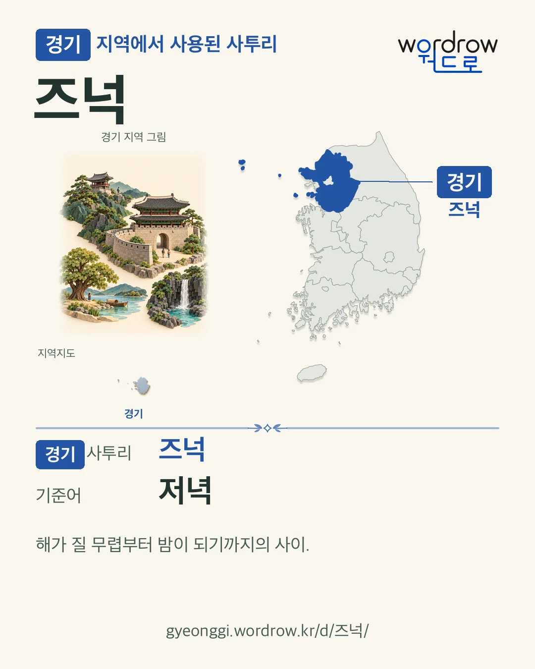 경기 지역에서 사용된 사투리 ‘즈넉’. 기준어: 저녁. 기록 지역을 표시한 지역 그림과 지도 카드.