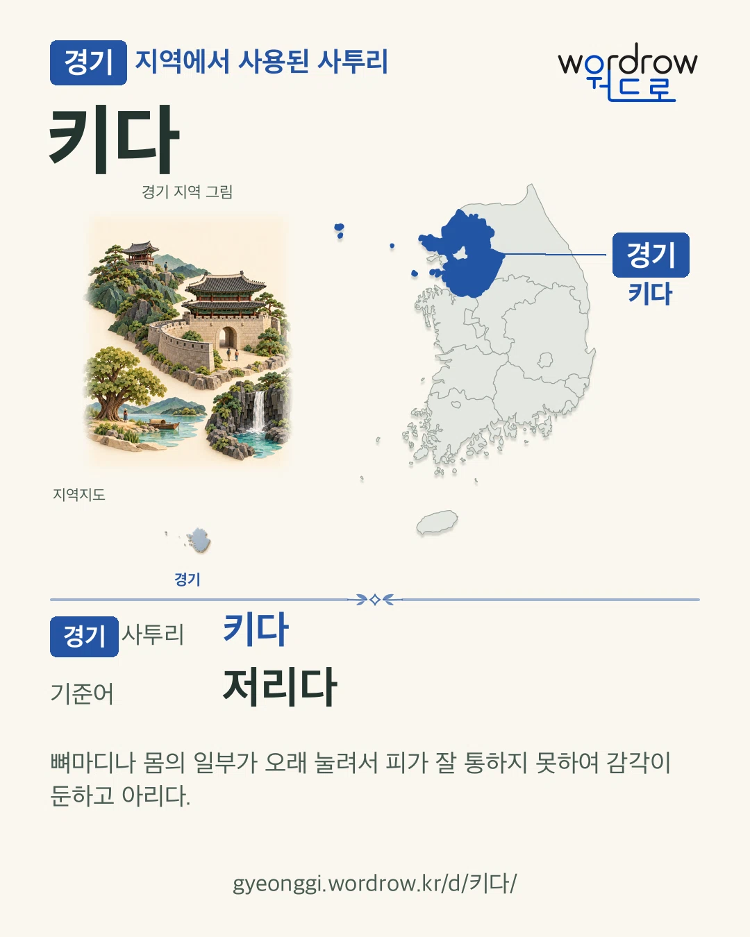 경기 지역에서 사용된 사투리 ‘키다’. 기준어: 저리다. 기록 지역을 표시한 지역 그림과 지도 카드.