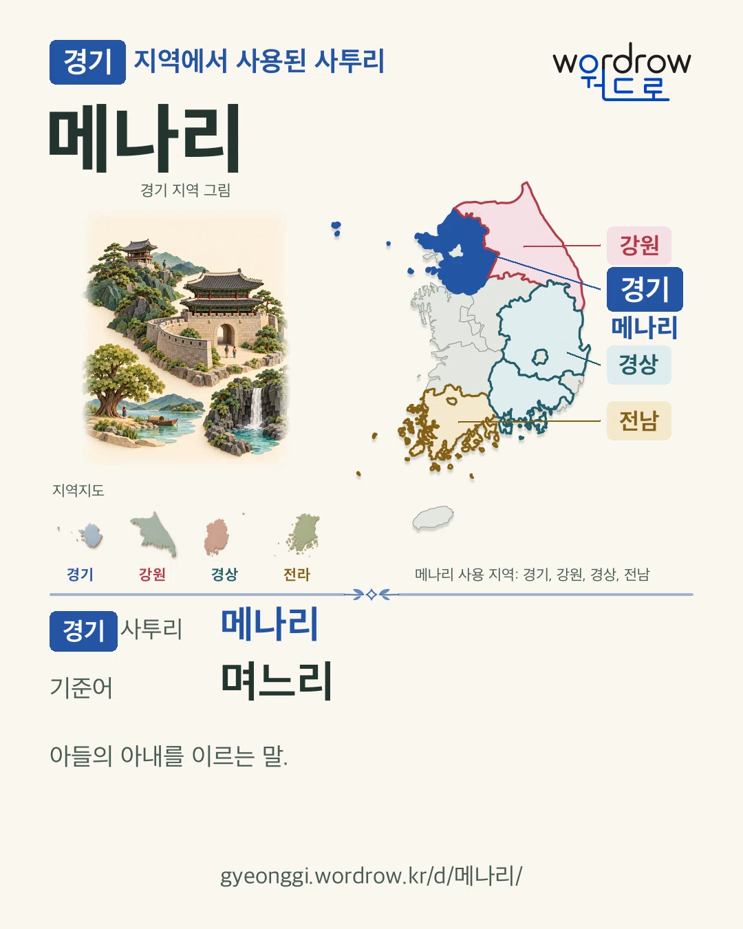 경기 지역에서 사용된 사투리 ‘메나리’. 기준어: 며느리. 기록 지역을 표시한 지역 그림과 지도 카드.