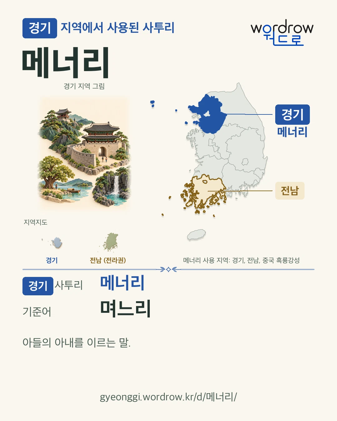 경기 지역에서 사용된 사투리 ‘메너리’. 기준어: 며느리. 기록 지역을 표시한 지역 그림과 지도 카드.