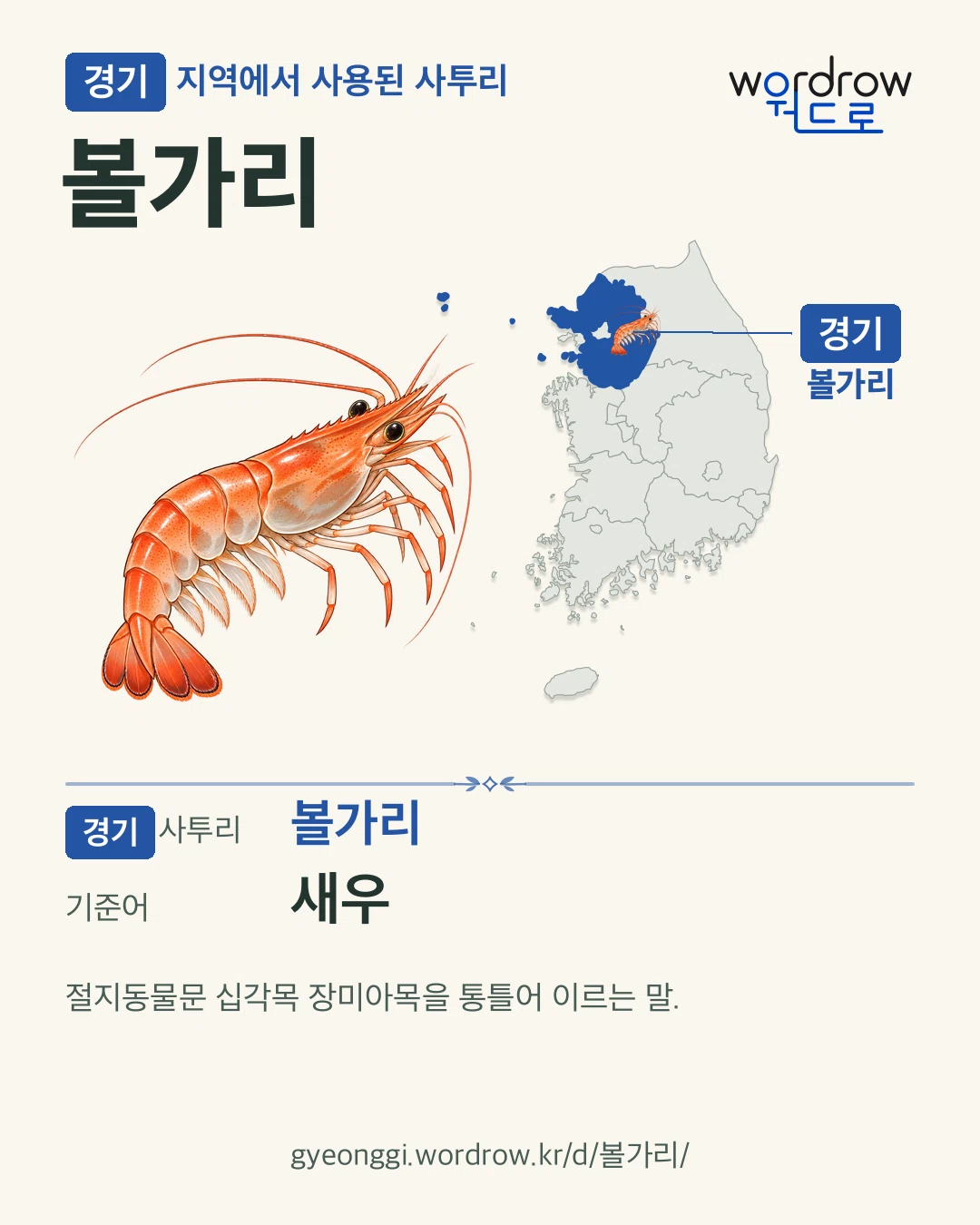 경기 지역에서 사용된 사투리 ‘볼가리’. 기준어: 새우. 기록 지역을 표시한 카툰 삽화와 지도 카드.
