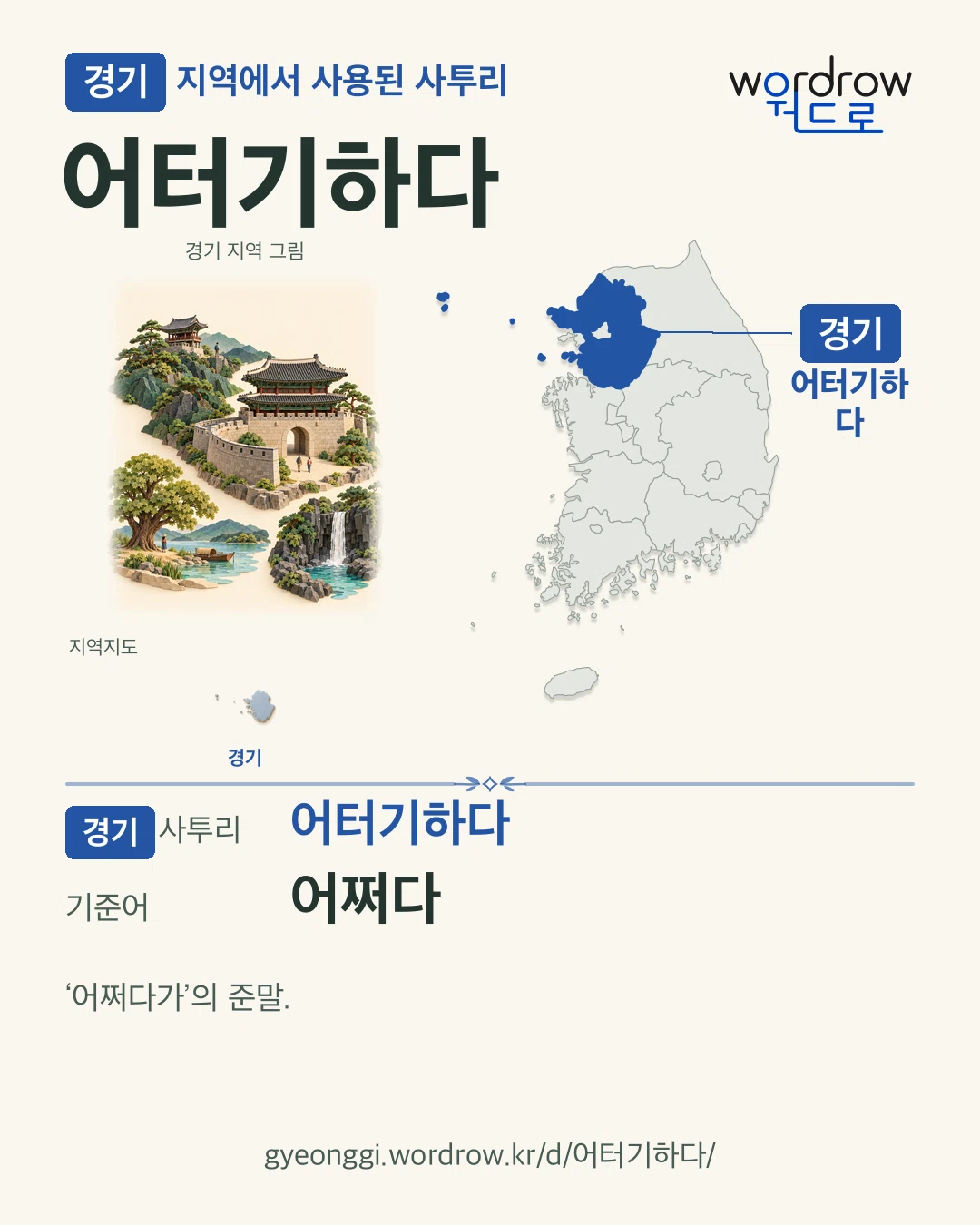 경기 지역에서 사용된 사투리 ‘어터기하다’. 기준어: 어쩌다. 기록 지역을 표시한 지역 그림과 지도 카드.