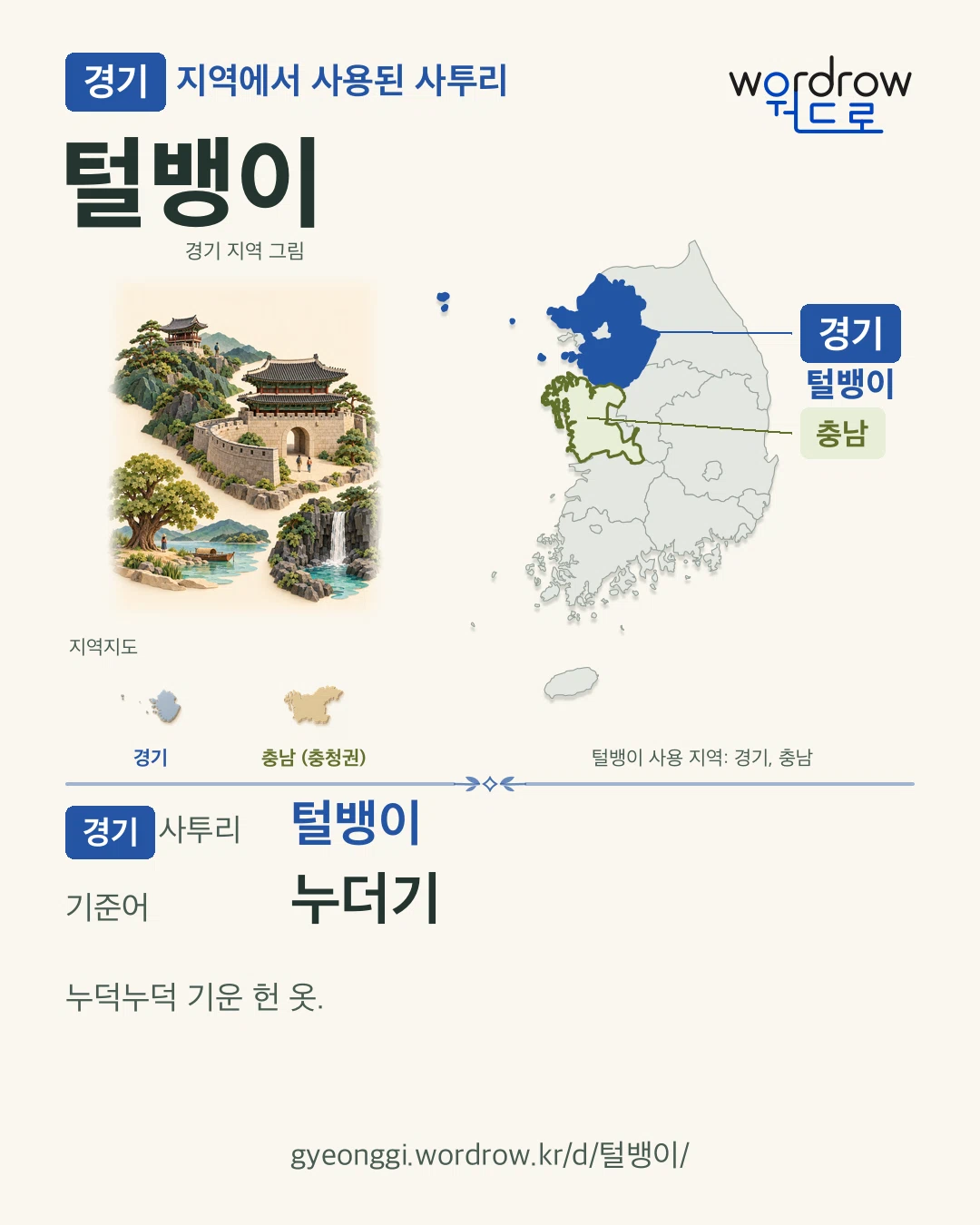 경기 지역에서 사용된 사투리 ‘털뱅이’. 기준어: 누더기. 기록 지역을 표시한 지역 그림과 지도 카드.