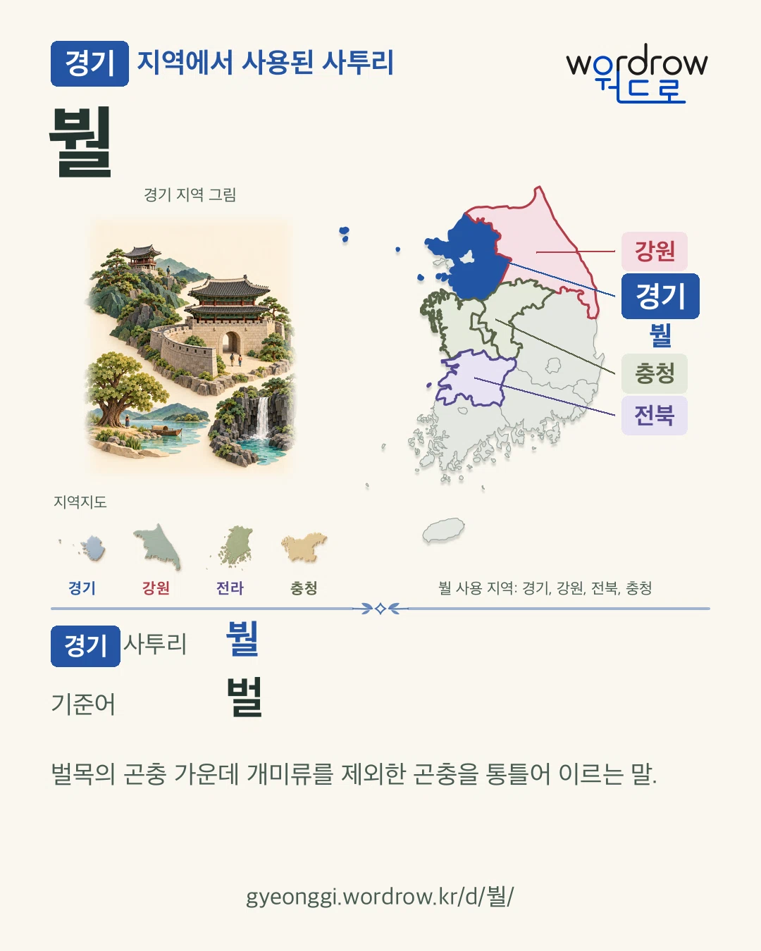 경기 지역에서 사용된 사투리 ‘붤’. 기준어: 벌. 기록 지역을 표시한 지역 그림과 지도 카드.