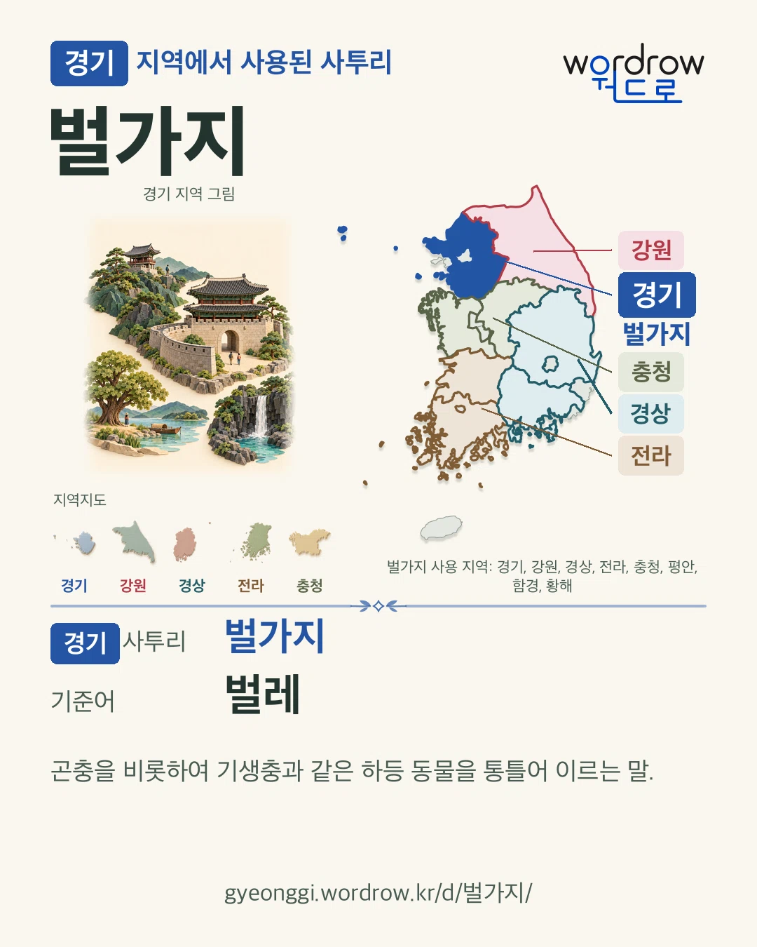 경기 지역에서 사용된 사투리 ‘벌가지’. 기준어: 벌레. 기록 지역을 표시한 지역 그림과 지도 카드.