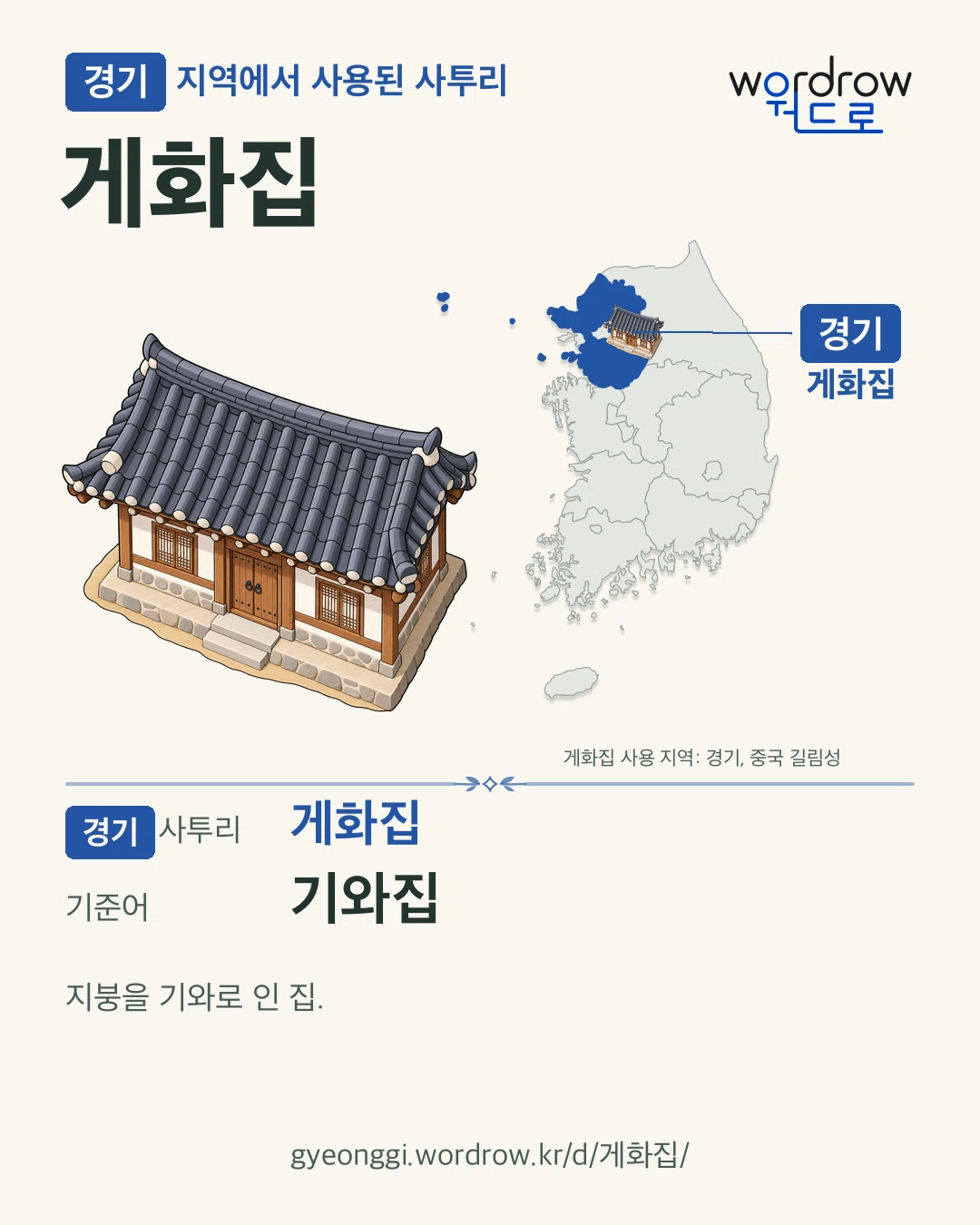 경기 지역에서 사용된 사투리 ‘게화집’. 기준어: 기와집. 기록 지역을 표시한 카툰 삽화와 지도 카드.