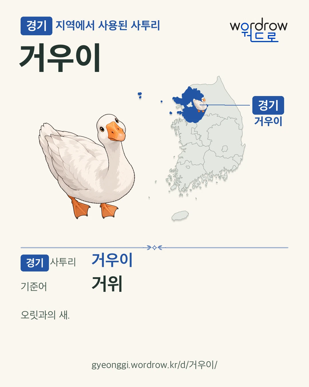 경기 지역에서 사용된 사투리 ‘거우이’. 기준어: 거위. 기록 지역을 표시한 카툰 삽화와 지도 카드.