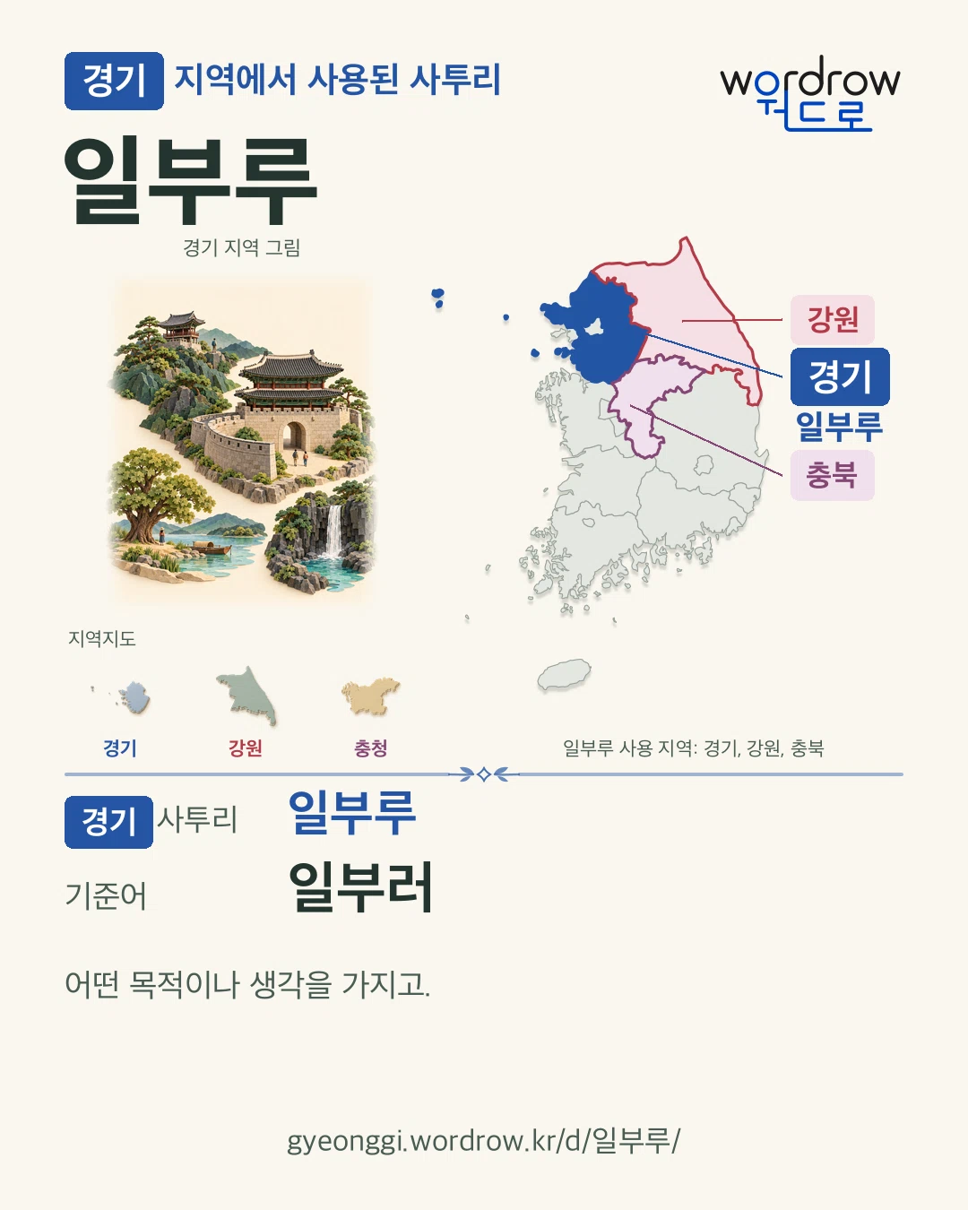 경기 지역에서 사용된 사투리 ‘일부루’. 기준어: 일부러. 기록 지역을 표시한 지역 그림과 지도 카드.