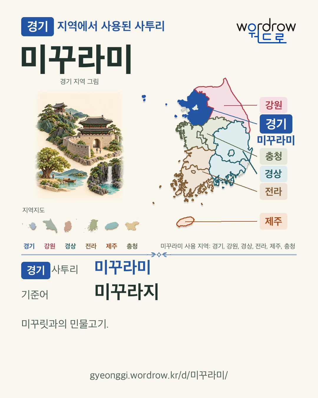 경기 지역에서 사용된 사투리 ‘미꾸라미’. 기준어: 미꾸라지. 기록 지역을 표시한 지역 그림과 지도 카드.