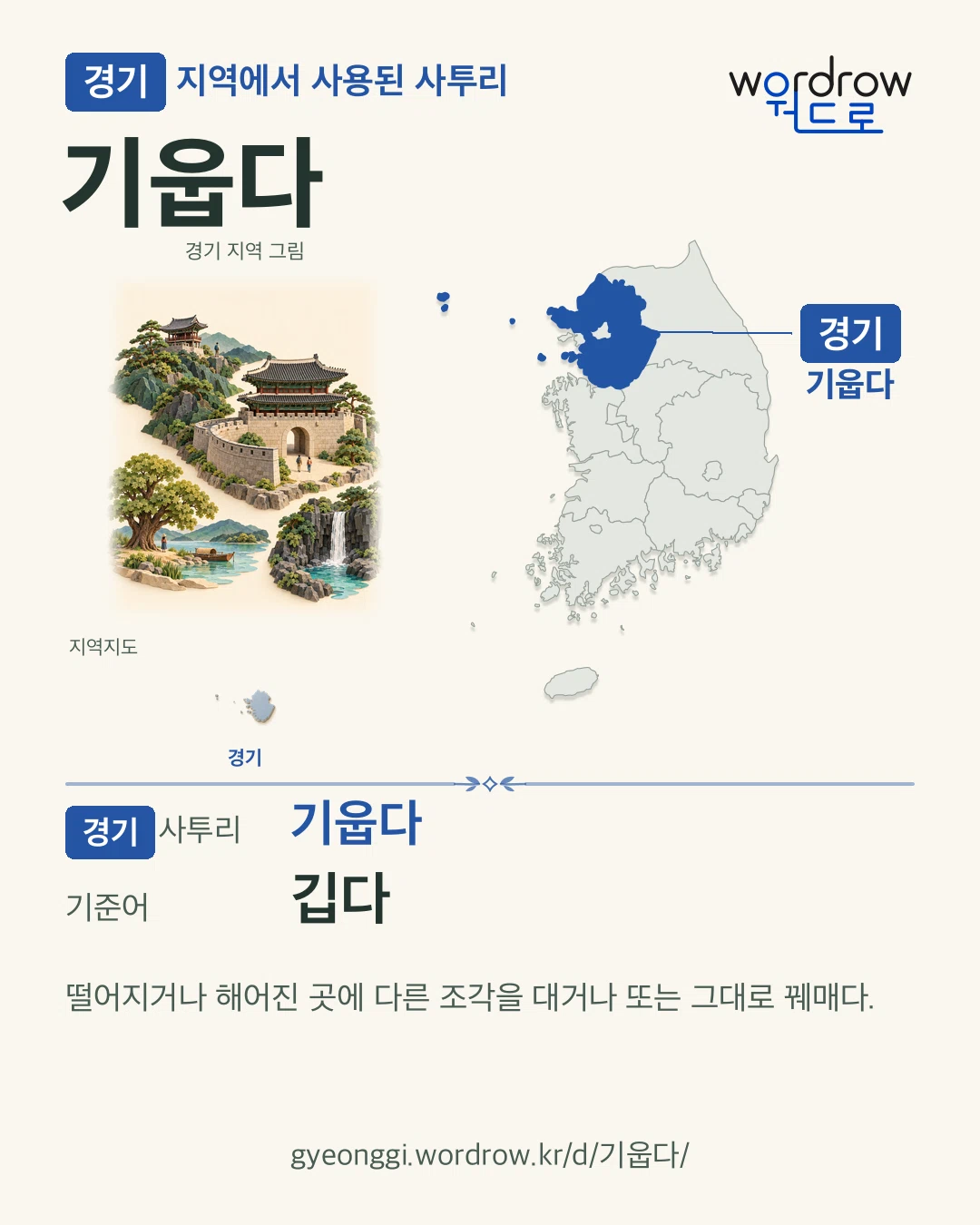 경기 지역에서 사용된 사투리 ‘기웁다’. 기준어: 깁다. 기록 지역을 표시한 지역 그림과 지도 카드.