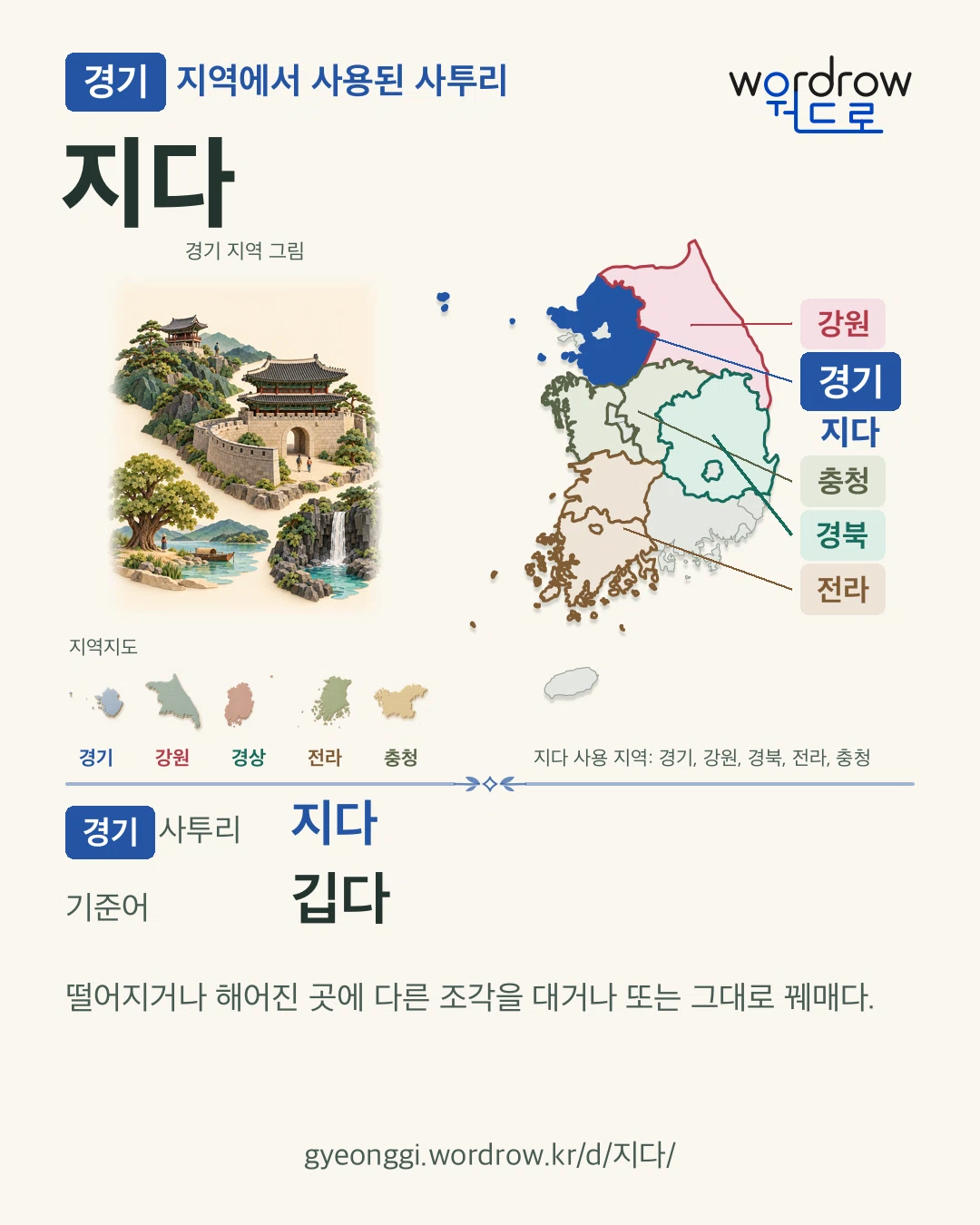 경기 지역에서 사용된 사투리 ‘지다’. 기준어: 깁다. 기록 지역을 표시한 지역 그림과 지도 카드.